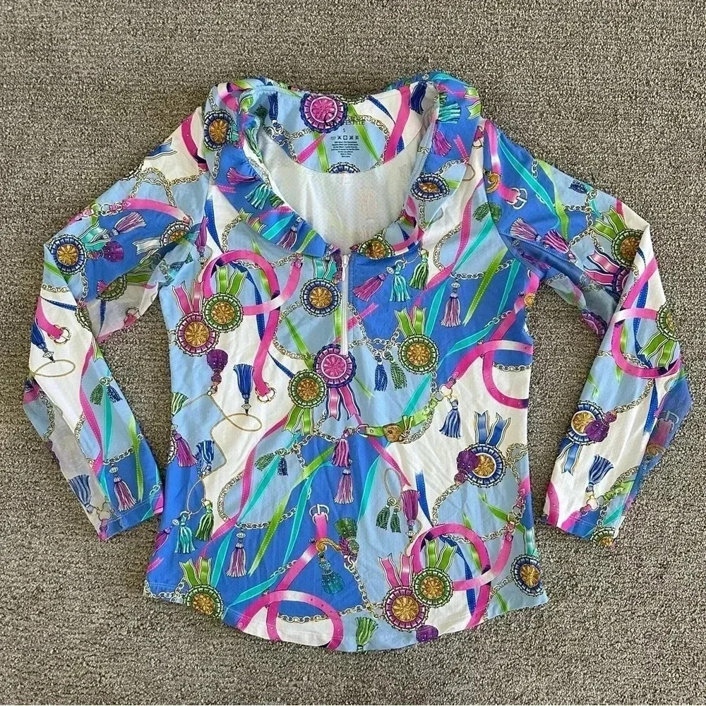 G Lifestyle Women's Graphic Print‎ Zip Neck Long Sleeve Shirt Size S